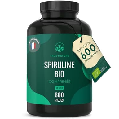 Spiruline Bio - 600 comprimés de 500mg - Cure de 2.5 mois - Riche en Phycocyanine - Antioxydants, Vitamines & Minéraux - Vegan - Sans Additifs, Lactose & Gluten - TRUE NATURE