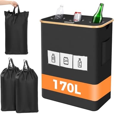 OUSFOT Poubelle tri Selectif, 170L Poubelle Recyclage 3 Compartiments Poubelle Recyclage Avec Couvercle Poubelle de tri Avec Trou,Bouteilles Verre, Exterieur de Recyclage