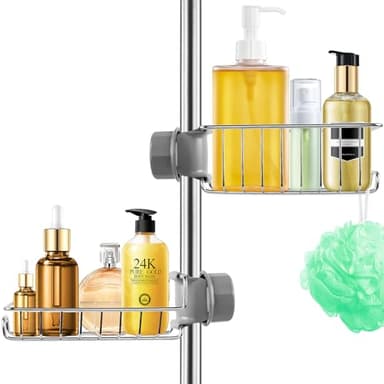 Feebee Etagere Douche sans Percage 2pcs, Étagère de Douche à Suspendre INOX, Accessoire Salle de Bain Antirouille, Rangement et Organisation de La Salle de Bain Support Savon Gel pour Tringle 18-27mm