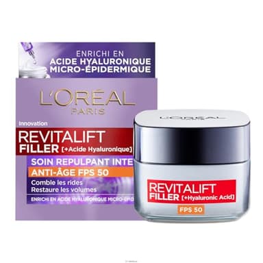 L’Oréal Paris - Soin Repulpant Intense Anti-âge FPS 50 - Crème de Jour à l’Acide Hyaluronique avec Protection UV - Rides & Ridules - Pour Tous Types de Peaux - Revitalift Filler - 50 ml