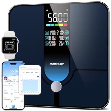 INSMART Pese Personnes, Balance Pese Personne avec grand écran (7 données), Bluetooth Balance Connectée pour visualiser 18 données corporelles via l'App, Balance 30x30cm Charge maximale 227KG/500lb