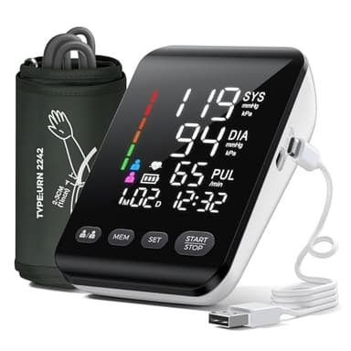 Tensiometre Bras, Tensiomètre Bras Professionnel avec écran LED HD pour la Circonférence du bras 22-42 cm, peut Contenir 2 x 199 Utilisateurs, Câble de Charge de Batterie AA/Type-C