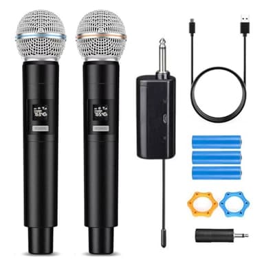 HUACAM Système de Microphone sans Fil pour 2 Personnes, Microphone Portable 2.4G avec récepteur de Charge pour karaoké Chant, Mariage, DJ, fête, Discours, église, Utilisation en Classe
