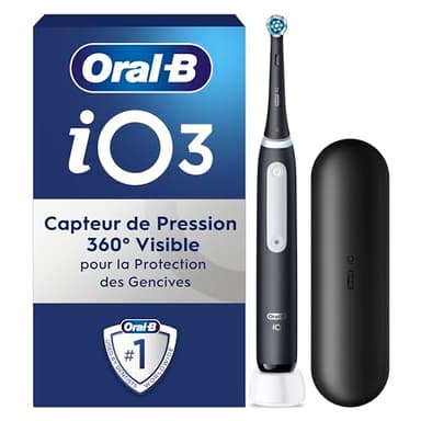 Oral-B Brosse A Dents Electrique iO 3 Noire, 3 Modes De Nettoyage Dont Blancheur, Brossage Silencieux, Capteur De Pression, Brossette De Rechange Oral B, Embout Rond, Chargeur, Etui De Voyage