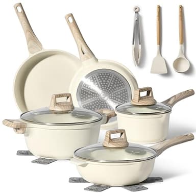 JUST PERFECTO Batterie de cuisine induction Set de casseroles avec couvercle - Casserole tout feux - poele anti adhesive - poele sans PFOA et sans PTFE - lot avec des poêles (13 pcs Biege)