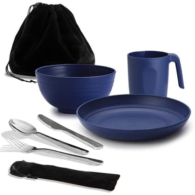 Ustensiles de Camping, kit de Mess de Camping ReaNea pour Voyage, Pique-, extérieur Comprend Un Couteau, Une cuillère, Une Fourchette, Un Ensemble de Couverts, Une Tasse, Un Bol, Une Assiette