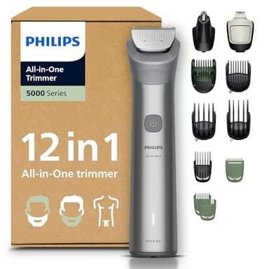 Philips Multigroom série 5000 Tondeuse tout-en-un 12 accessoires – tondeuse pour barbe, cheveux et corps, lames en métal auto-affûtées, 20 hauteurs de coupe (0,5-20 mm), modèle MG5952/30