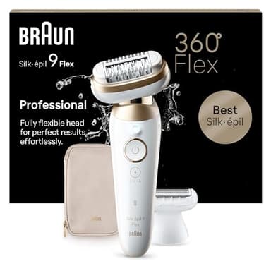 Braun Silk-épil 9 Flex, Épilateur Avec Tête Flexible À 360°, Pour Une Épilation Facile, Étanche, Peau Douce Longue Durée, Avec Tête De Rasoir Pour Femmes Et Sabot Tondeuse, 9-041 3D, Blanc/Doré