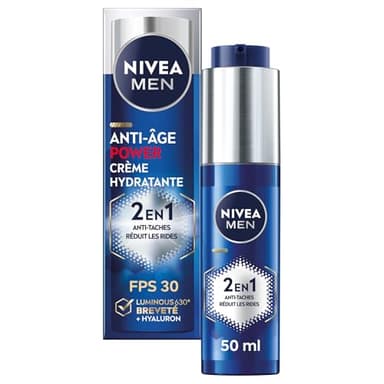 NIVEA MEN Crème hydratante Power 2-en-1 LUMINOUS630® anti-âge & anti-taches (1 x 50 ml), Crème visage pour homme enrichie en acide hyaluronique, Soin de jour SPF 30 pour toutes les peaux