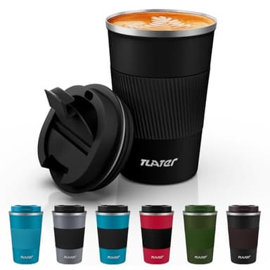 Tlater Tasse à café to go - 380 ml - Gobelet isotherme - Avec couvercle anti-fuite - Double paroi - En acier inoxydable - Pour café et thé - Noir