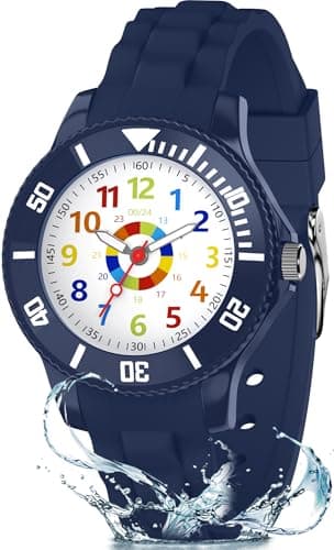Ayybboo Montre Enfant Garçon Fille,Montre Éducative Analogique pour Apprendre l’Heure,3ATM Étanche,12/24 Heures,Bracelet en Silicone Doux,Facile à Lire pour 4 à 12 Ans（Bleu）