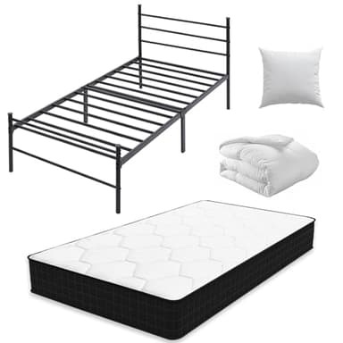 CEYIRO Ensemble Matelas 90x190 et Lit et Couette et Oreiller(Pack Matelas 90x190+Lit Métal avec Tête)