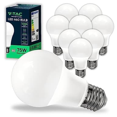 V-TAC 10x Ampoules LED culot E27 10,5W (équivalent 75W) A60-1055 Lumen - 3000K Blanc Chaud - Ouverture du faisceau lumineux 200° - Efficacité Maximale et Économie d'Énergie