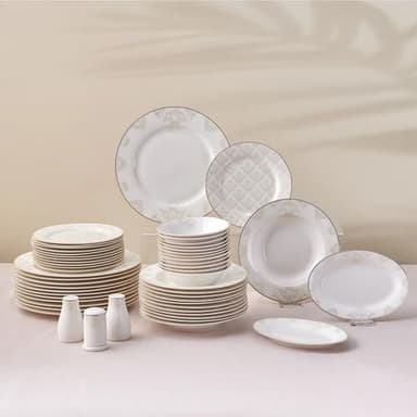 Karaca Siena Assiettes Service de Table 12 Personnes, 53 Pièces, Set de Vaisselle Porcelaine avec Assiette, Bols, Plateaux de Service Rectangulaires, Salier et Poivrier, Blanche