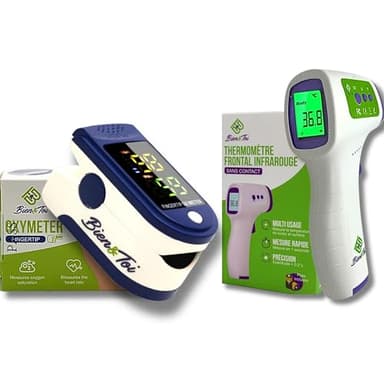 Oxymètre de doigt professionnel + thermomètre frontal adulte/bebe/enfant, sans contact, mesure corps et surface, écran à LED, sac de transport/piles incluses/notice en Français