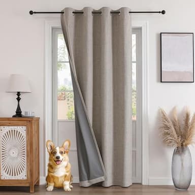 Joydeco Rideau Occultant Isolant Thermique à Oeillets 132x210 cm, Double Rideaux Phonique Effet Lin Anti Froid et Chaleur pour Porte Fenetre Chambre Salon Dressing Placard, Lin Naturel - 1 Pièce