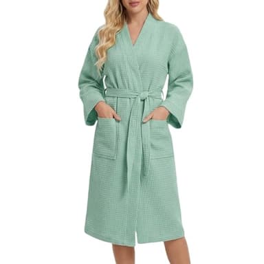 Generico Peignoir Femme Nid D'abeille Coton Léger Peignoir Robe Tissée Gaufre Vêtements de Maison Vêtements de Maison Robe de Gaufre de Salle de Bains Carnaval Festival, vert clair, XL