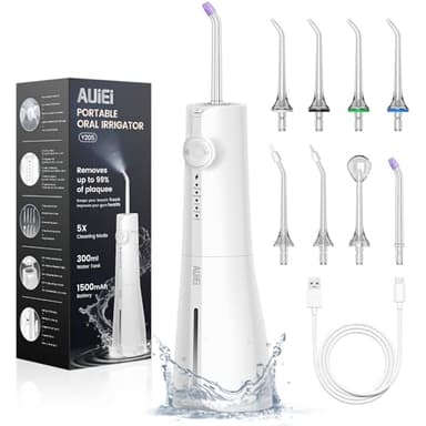 AUIEI Jet Dentaire Hydropulseur Portable Water Flosser, Irrigateur Oral 5 Modes et 8 Buses,Réservoir 300ML, USB Chargé, Étanche IPX7,Convient Gencive Sensible (Blanc)