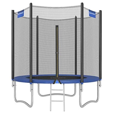 SONGMICS Trampoline de Jardin pour Enfants Ø 183 cm avec Filet de sécurité, Protection des Bords, échelle, Barres Droites de 180 cm de Haut, Cadre en Acier, Noir/Bleu STR061Q01