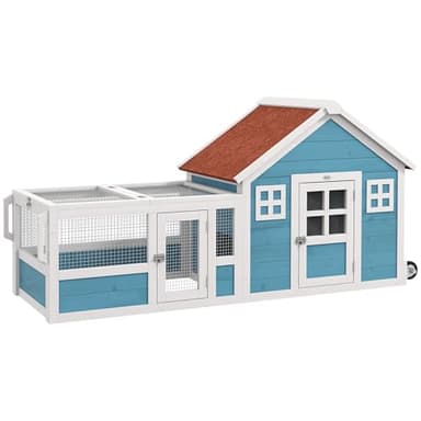 PawHut Clapier extérieur en bois, 162,5 x 59,2 x 77,6 cm, grande cage pour lapin avec 2 fenêtres de décoration, 2 roues, 1 porte, 1 rampe et toit en asphalte bleu 162,5 x 59,2 x 77,6 cm