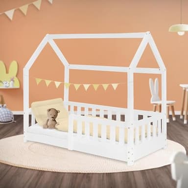 ML-Design Lit Cabane Enfant 70x140 cm Blanc en Bois Massif avec Protection Contre la Chute, Toit et Sommier à Lattes, Style Maison, Couchage Maisonnette Barrière de Sécurité pour Fille Garçon