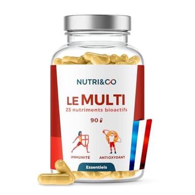 NUTRI & CO Multivitamines et Minéraux 25 Nutriments - Vitamines A B C D3 E K2 + Minéraux dont Magnésium et Zinc - Haute Absorption - 90 Gélules Vegan Friendly Conditionné en France