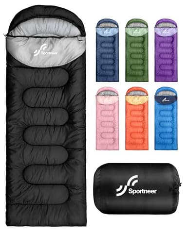 Sportneer Sacs de Couchage 220x80cm– Sac de Couchage Enfant et Adulte, Confortable, Chaud et Léger, Température 10-25°C – Idéal pour Camping, Camp de Classe et Sieste