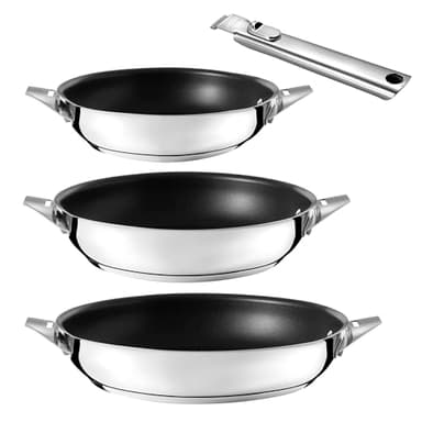 CUISINOX - Eclipse - Lot 3 poêles 20-24-28 cm avec revêtement céramique et poignée amovible tout inox - Fond encapsulé - Compatible tous feux - Acier Inoxydable 18/10 - Finition miroir