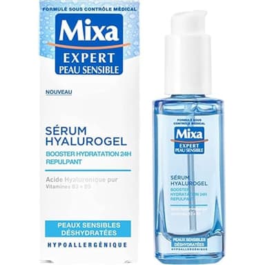 Mixa - Sérum Booster d'Hydratation Hyalurogel - Pour Peaux Sensibles Déshydratées - Hydratant 24h, Repulpant - À l'Acide Hyaluronique Pur, Vitamines B3 + B5 - Hypoallergénique - 30 ml