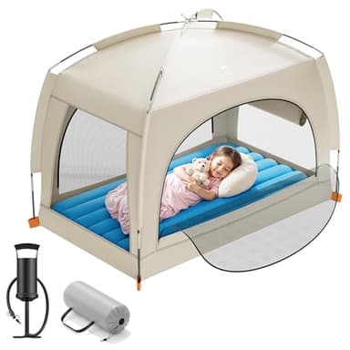 QPAU Lit de voyage gonflable pour tout-petits avec tente – Matelas gonflable léger avec pompe à main – Solution de couchage portable pour intérieur et extérieur pour camping, voyage, maison