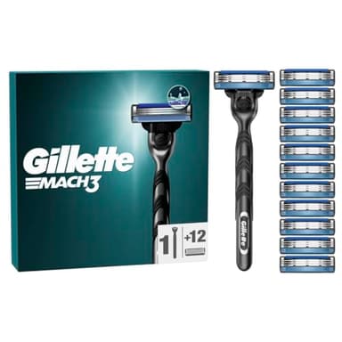 Gillette Rasoir Pour Homme Mach3, Manche Réutilisable En Acier Inoxydable Et12 Cartouches De Recharge A 3 Lames Pour Un Rasage Du Visage Doux, Avec Bande Lubrifiante Pour Protéger La Peau