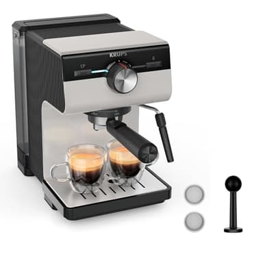 KRUPS Machine espresso manuelle, Qualité Barista, Espresso et Cappuccinos, Buse vapeur, Rangement des filtres inclus, Gris clair, Authentic, XP381B10
