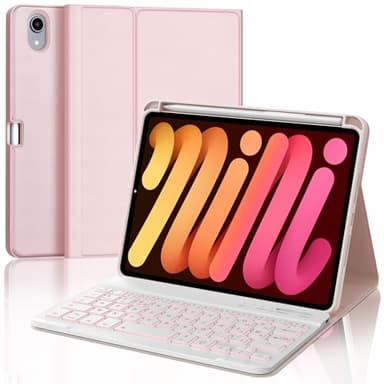 Clavier iPad Mini 7/6 8.3", Coque Clavier iPad Mini 7 8.3" 2024, Eclairage 7 Couleurs, Rechargeable Etui Clavier Français AZERTY Détachable pour iPad Mini 7 8.3" 2024/iPad Mini 6 8.3"2021, Rose