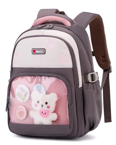 Tanou Sac a Dos Fille Primaire, 19L Cartable Ergonomique pour Filles de CP CE1 CE2, Sac d'école pour Enfants en Nylon à la Mode avec Bandes Réfléchissantes, Gris Rose
