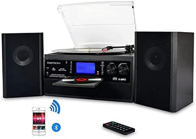 DIGITNOW! Tourne-Disque Bluetooth Viny pour CD, Cassette, Radio AM/FM et entrée auxiliaire, Port USB et encodage SD, télécommande, avec Haut-parleurs stéréo autonomes
