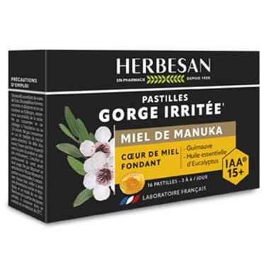 HERBESAN® - PASTILLES COEUR FONDANT AU MIEL DE MANUKA IAA15+(MGO514+) - Apaise la Gorge - Boite de 16 pastilles