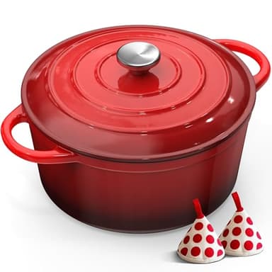 Cocotte Fonte - 26cm Rouge Faitout Marmite Four Hollandais avec Couvercle, Topbooc 5L Dutch Oven Émaillée Compatible Induction, Gaz, Four, Casserole pour Braiser Ragoûts Rôtir Pain