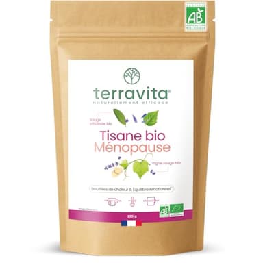 Tisane Ménopause BIO | 9 Plantes contre les Bouffées de Chaleur | Avec Feuilles de Framboisier et de Sauge | Infusion Sans Caféine ni Théine | Sans OGM ni Additifs | 100g | Made in France | Terravita