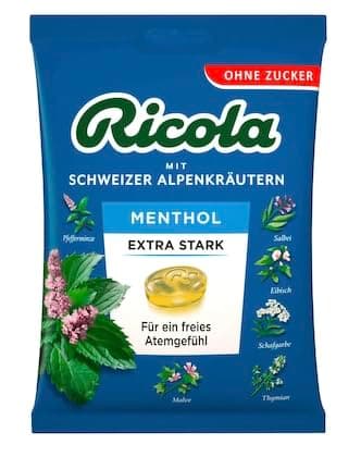 Menthol Extra Stark - Bonbons suisses aux Menthe Extra Fort sans sucre, confiserie traditionnelle au goût frais et agréable, recette originale suisse, paquet familial - Compatible avec Ricola - 75g