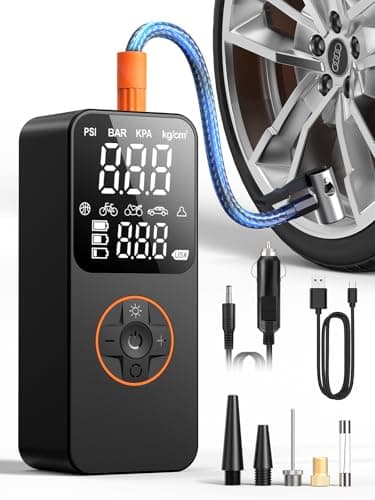 Compresseur à Air Portatif 150PSI, Gonfleur Pneus Voiture Sans Fil avec Batterie 6000mAh et Grand Écran Digital, Auto-Arrêt, Lampe LED Pompe à Air Électrique pour Voiture, Moto, Vélo, Ballon, Balles