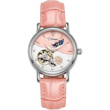 ALANTOP Montre mécanique automatique pour femme en acier inoxydable avec cadran à phases de lune et bracelet en cuir étanche, rose