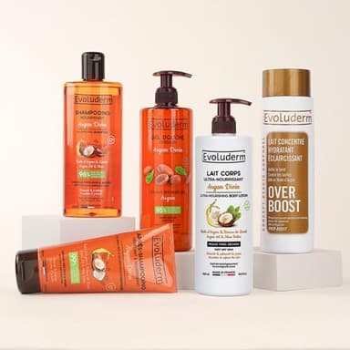 Routine Corps & Cheveux Argan Divin+ Lait Eclaircissant - Gel Douche - Shampooing - Lait - Après Shampooing - Ingrédients d'Origine Naturelle - Végan - Fabriqué en France