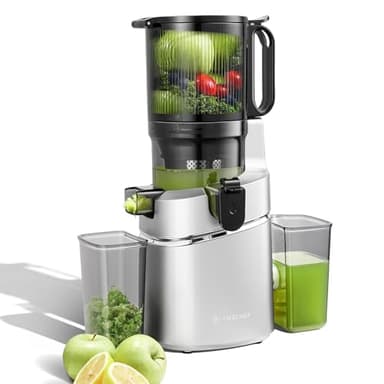 AMZCHEF Extracteur de jus automatique Vos mains libres, Ouverture de 145 mm et capacité de 1,8 L Extracteur de jus de fruits et légumes entiers, Extracteur jus lent de 250W avec triple filtre - Argent