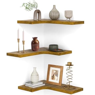 Suhu Lot de 3 Etagere Murale Étagère D’ Angle en Bois Étagères Flottante Etageres Rangement Design Moderne pour Cuisine Salon Chambre Salle De Bain Marronvintage