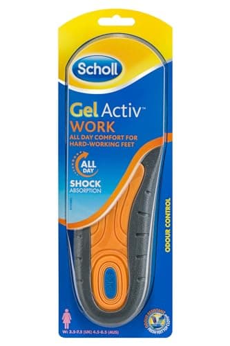 Scholl Semelles de travail GelActiv pour femmes, semelles intérieures à absorption des chocs GelActiv pour rester debout toute la journée - Semelles intérieures pour bottes de travail ou chaussures de travail - Pointures britanniques 3,5 à 7,5, 1 paire (l'emballage peut varier)