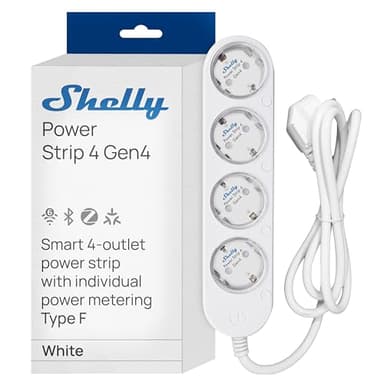 Shelly Power Strip 4 Gen4 Blanc - Multiprise connectée Zigbee et Matter 150 cm, Type F, 4 prises 3680 W, Protection parafoudre et surtension, Commande vocale Apple Homekit, Alexa, Google Home