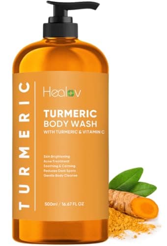 Healov Gel douche au curcuma – Le savon au curcuma illumine la peau pour les taches sombres et l'hyperpigmentation – Le gel douche exfoliant au curcuma réduit l'acné, les cicatrices et nettoie la peau