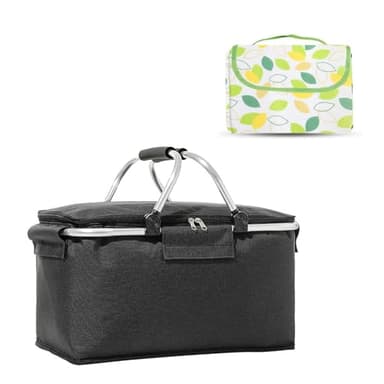 SHENGYIG Panier Pique-Nique Isotherme Pliable 22.5L avec Poignée Aluminium - Panier de Courses Portable pour Travail, Voyage, Plage - Offert: Tapis de Pique-Nique 2x2m