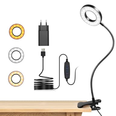 dowowdo Lampe de Bureau à Pince 48 LED Flexible à 360°Lampe Lecture Clipsable 3 Modes d’Éclairage &10 Niveaux de Luminosité Led USB pour Étude et Travail, Noir