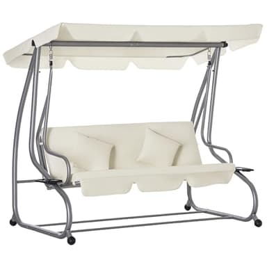 Outsunny Balancelle de Jardin 3 Places Convertible Toit Inclinaison réglable 2 tablettes Support 2L x 1,2l x 1,64H m Acier Noir Polyester Beige